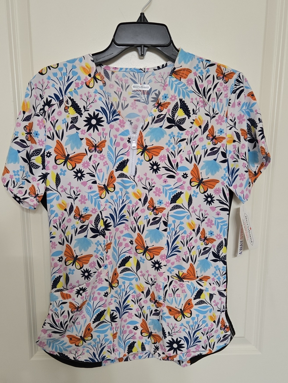 Scrubaid White Butterfly & Floral V-Neck Scrub Top with Orange Accents